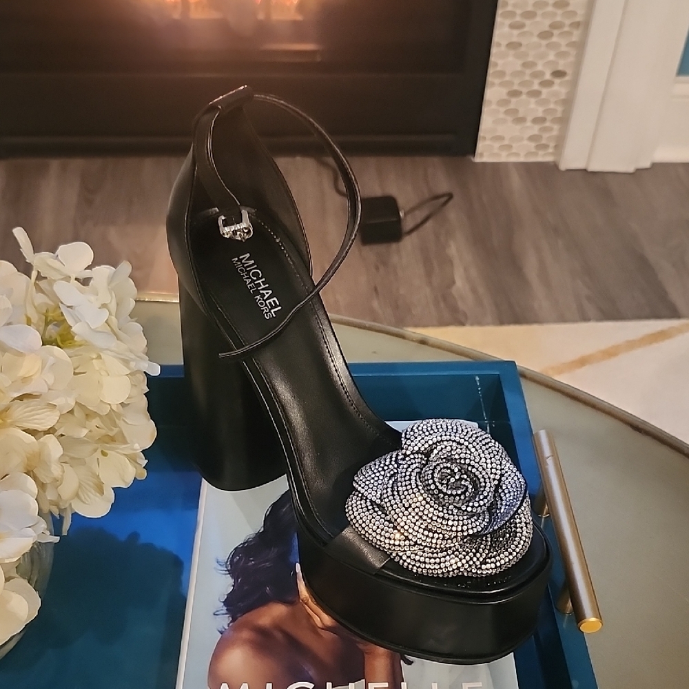 Michael Kors Black Heels with Silver Rose Detail